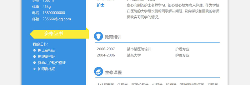 创意蓝色宁静护士面试求职个人简历模板下载