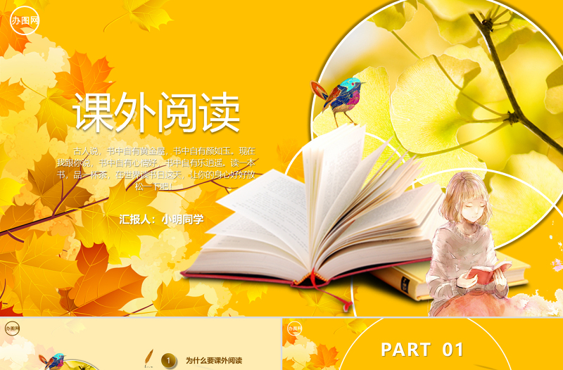 金色精美唯美简约教师学生课外阅读ppt模板