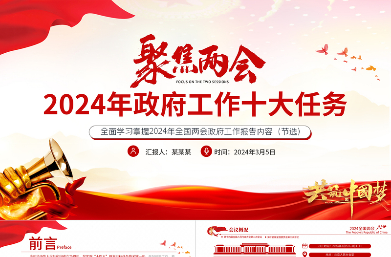 聚焦两会PPT党政风优质2024年政府工作十大任务两会专题党课