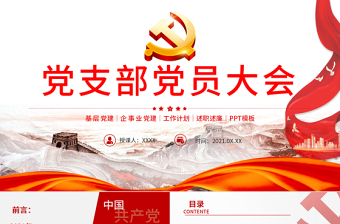 2021党支部党员大会PPT党政风精美基层党组织党务工作总结问题分析及工作计划党课模板