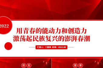 2022用青春的能动力和创造力激荡起民族复兴的澎湃春潮PPT党政风精美风青年微党课PPT模板