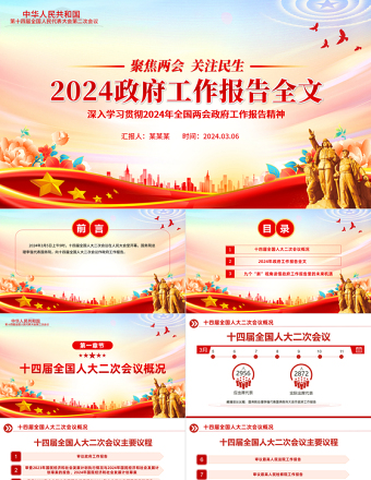 2024两会政府工作报告全文PPT精美华美两会精神学习辅导专题党课