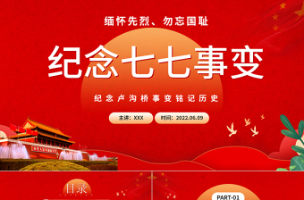 纪念七七事变PPT精美党政风纪念卢沟桥事变铭记历史专题党课PPT模板