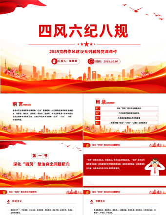 红色简洁四风六纪八规党的作风建设党课PPT课件