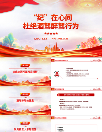 红色简洁“纪”在心间杜绝酒驾醉驾行为PPT作风建设课件